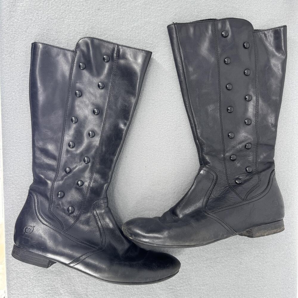Born Womens 8.5 Black Leather Knee‎ High Button Riding Boots D37303